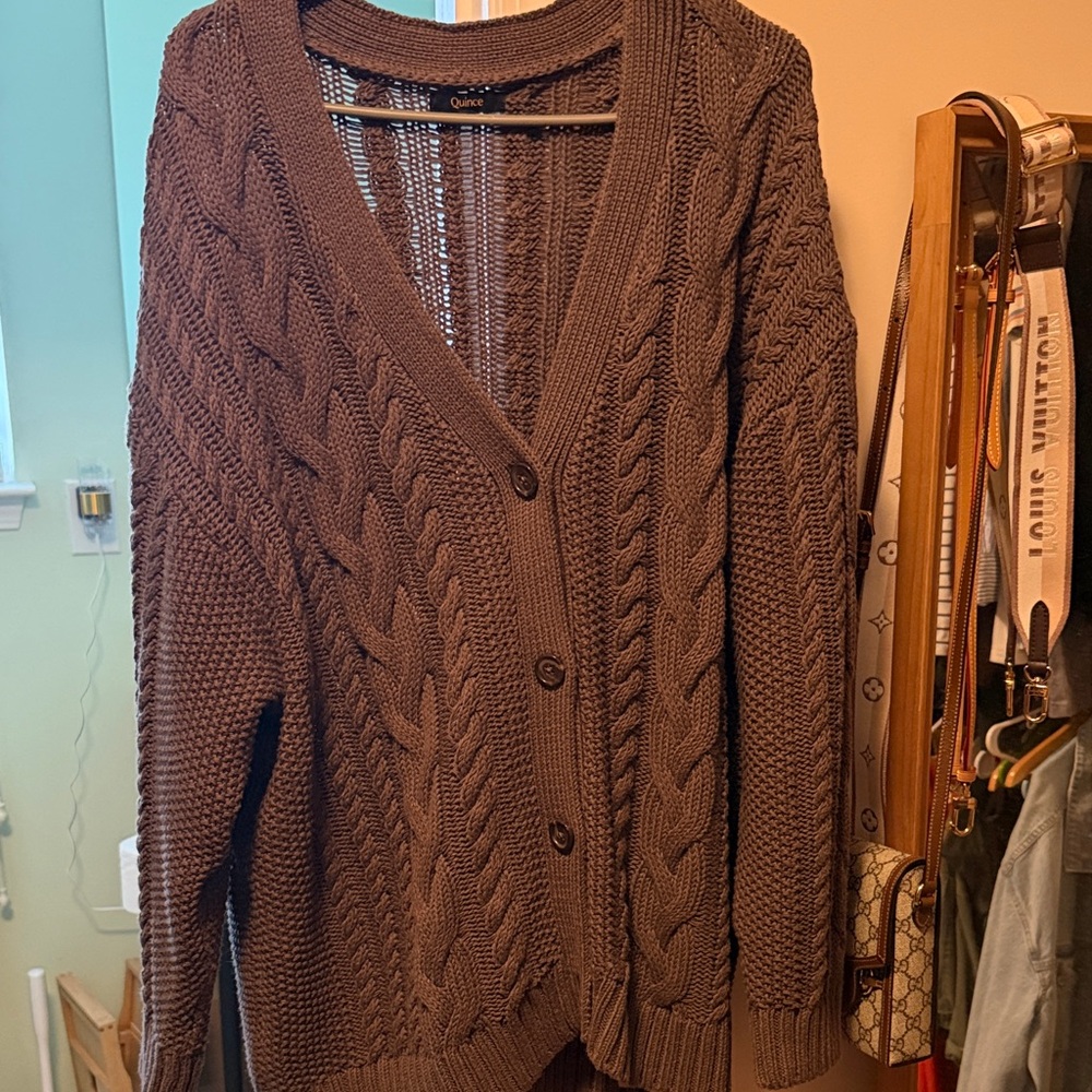 Quince Chocolate Cable Knit Cardigan